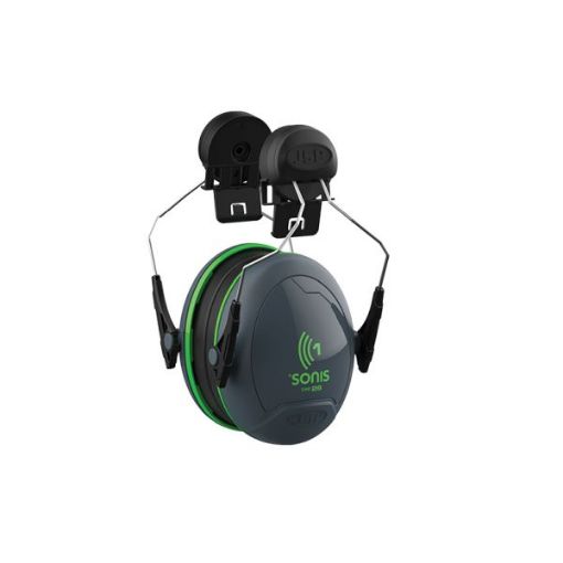 Picture of Sonis®1 Ear Defenders Helmet Mounted Dark Grey Cup/Extra Visibility Green Plate (SNR 26)
