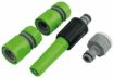 Picture of Garden Spray Kit containing a 7 - Pattern Spray Gun and the necessary fittings for attaching a hose. All pieces used with 1/2in hoses.1 x 7 pattern spray gun ,1 x Tap adaptor ,1 x Adaptor , 1 x 1/2" hose connector ,1 x 1/2" hose connector Stock Code 00801